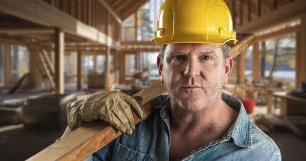 Male contractor at a construction site wearing a hard hat and work gloves holding lumber 2x4
