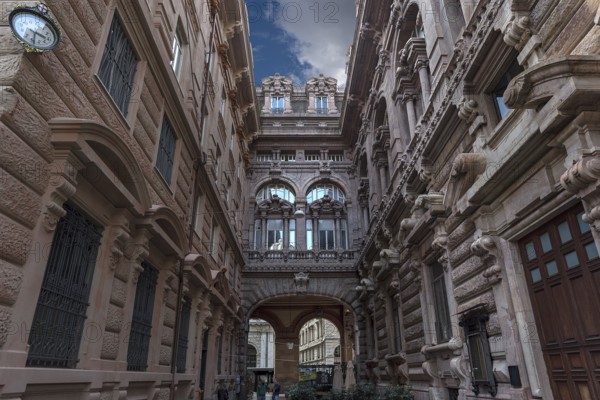 Courtyard façades of the Palazzo della Borsa, built between 1907 and 1912, in Piazza de Ferrari, Genoa, Italy, Europe