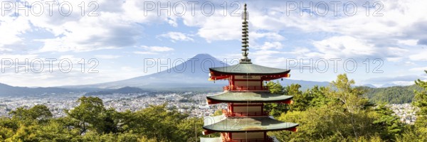 View of Mount Fuji with Chureito Pagoda in Arakurayama Sengen Park Panorama in Shimoyoshida, Japan, Asia