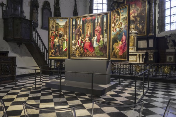 Triptych St John Altarpiece by Hans Memling in apse of the Sint-Janshospitaal, St John's Hospital in the city Bruges, West Flanders, Belgium, Europe