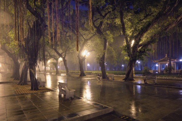 Guangzhou People's Park with mist fog at night. Guangzhou, China, Asia