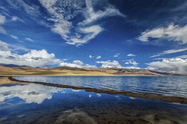 Himalayan lake Tso Moriri on sunset, Korzok (Changthang area), Ladakh, Jammu and Kashmir, India, Asia