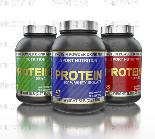 Sport nutrition, bodybuilding supplements, sport diet concept, whey isolate, soy and egg protein jar cans in line isolated on white background with reflection