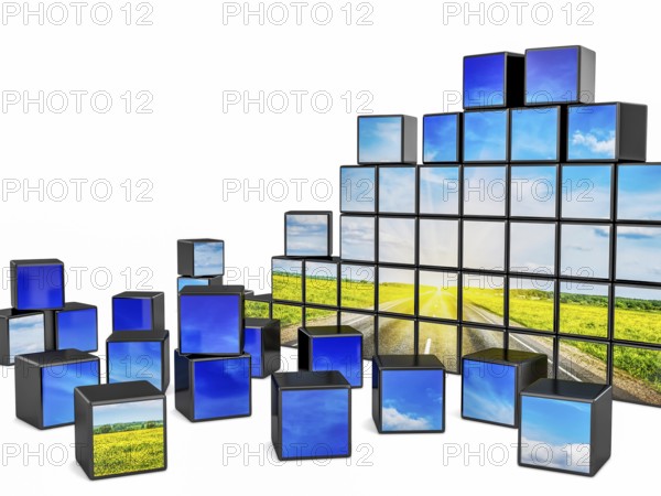 Travel concept background, cubes with beautiful landscape road in blooming spring meadow on sunset on white