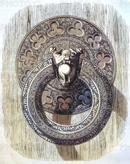 A finely chiselled iron ring, door handle on one of the inner doors of Bourges Cathedral, France, Historic, digitally restored reproduction of a 19th century original, Europe