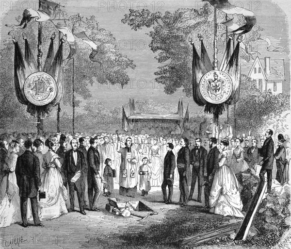 Laying of the foundation stone for the typographical villa founded in Livry-Gargan, 1869, France, Historic, digitally restored reproduction of an original 19th century master, exact original date not known, Europe