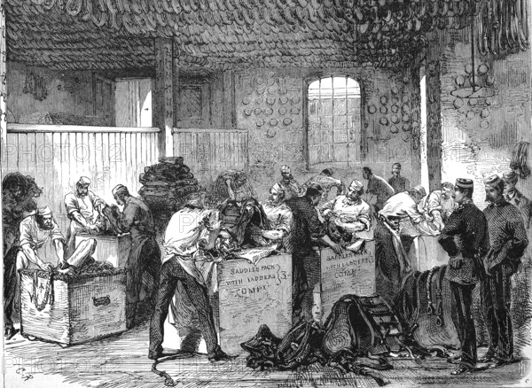 Workers at Woolwich Arsenal prepare to equip the cavalry for the Abyssinia Expedition, 1869, England, Historic, digitally restored reproduction of a 19th century original, exact original date unknown
