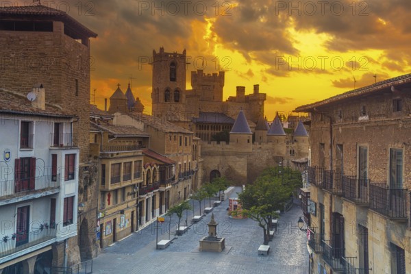 Incredible sunrise of the Royal Palace of the medieval town of Olite from above, in the south of Navarra. Spain