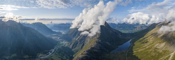 View of the valleys Romsdalen and Venjesdalen, river Rauma, mountain Romsdalseggen, Åndalsnes, Møre og Romsdal, Norway, Europe