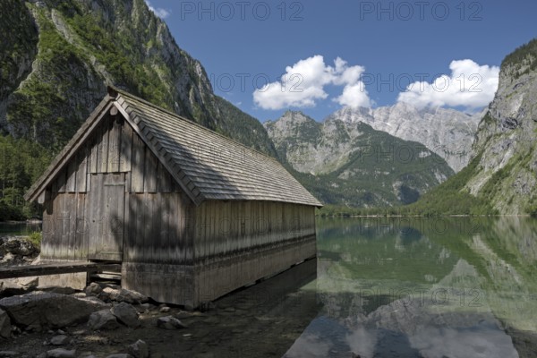 Obersee, above the Königssee, boathouse on the lakeshore, Schönau, Königssee, Berchtesgaden National Park, Berchtesgadener Land, Bavaria, Germany, Europe