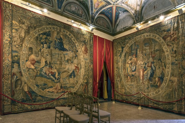 Large tapestries in a room of the Villa del Principe, Palazzo di Andrea Doria, Piazza dei Principe, Genoa. Italy