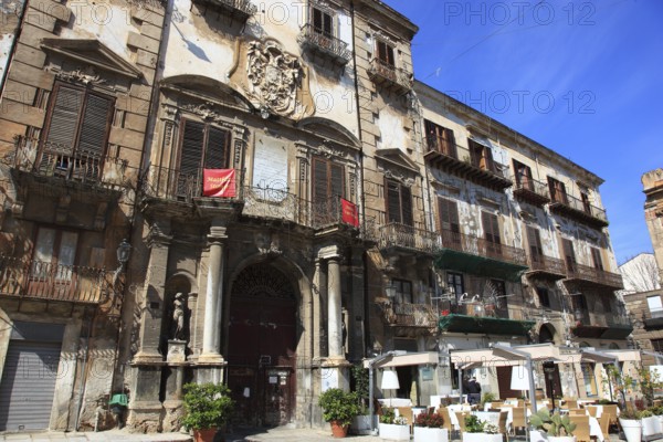 Palermo, restaurant, cafe in Piazza Bologna square in the old town, Sicily, Italy, Europe