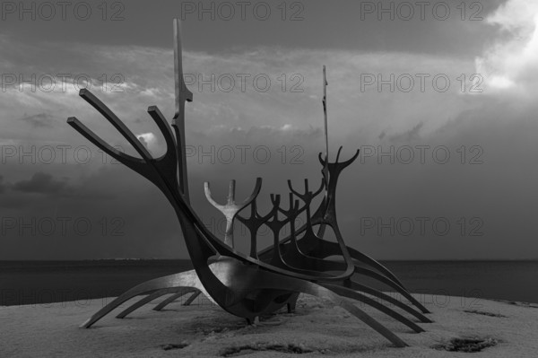 Viking ship sculpture, Sun Voyager, black and white photograph, Reykjavik, Reykjanes Peninsula, Sudurnes, Iceland, Europe