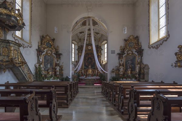 Interior with altar of St. Peter and Marcellinus Church, built 1692-1698, Trunstadt, Viereth-Trunstadt, Lower Franconia, Bavaria, Germany, Europe