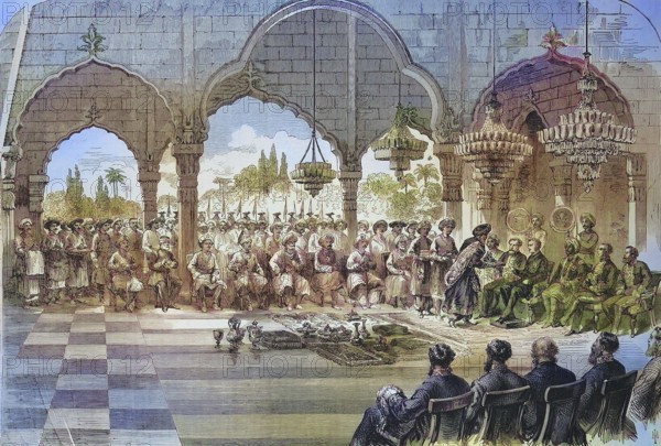 Reception of the Governor General of India by the Rajah of Lucknow, Lakhnau, in 1868, India, Historic, digitally restored reproduction of a 19th century original, exact original date unknown, Asia