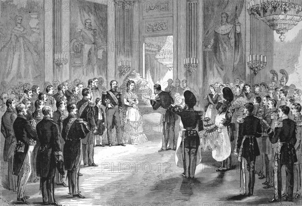 Stay of the Court in Compiegne, the Empress's Feast. The officers present the Empress with bouquets of flowers, 1869, France, Historic, digitally restored reproduction of an original 19th century master, exact original date unknown, Europe