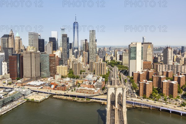 New York City skyline of Manhattan with World Trade Centre skyscraper and Brooklyn Bridge aerial view in New York, USA, North America