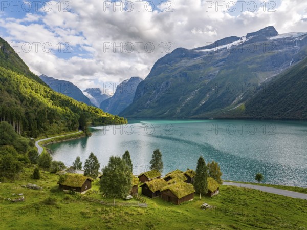 Traditional cabins on the shores of Lake Lovatnet, Breng seter, Loen, Stryn, Norway, Europe