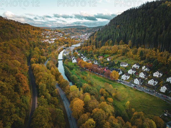 Entrance to the town along the Nagold in autumn, Calw, Black Forest, Germany, Europe
