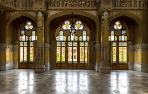 Interior view of the hall and corridors in the main building in the Hospital de la Santa Creu i Sant Pau by architect Lluís Domènech i Montaner, Barcelona, Catalonia