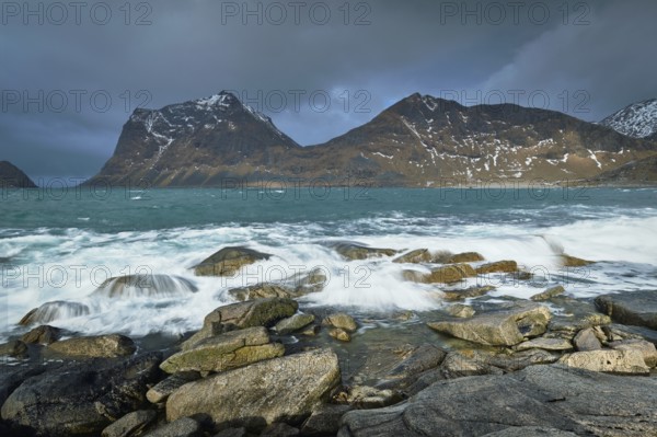 Rocky coast of fjord of Norwegian sea in winter. Lofoten islands, Norway, Europe