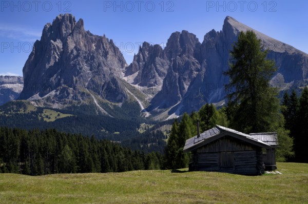 Alpine hut in front of the Langkofel and Plattkofel mountains, Alpe di Siusi, South Tyrol, Italy, Europe
