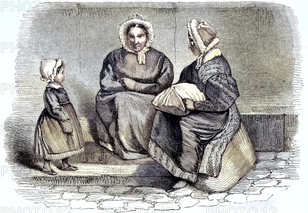 Two Women and a Child Sitting by the Road, 1880, Historic, digitally restored reproduction of a 19th century original