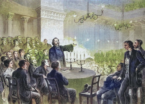 Johannes Ronge (16 October 1813) (26 October 1887) was a German Catholic priest who criticised the cult of relics in the Roman Catholic Church, speaking at a conference in Vienna, 1869, Austria, Historic, digitally restored reproduction of an original 19th century original, exact original date not known, Europe
