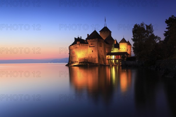 Chateau de Chillon, Lac Leman, full moon, Lake Geneva, Switzerland, Europe