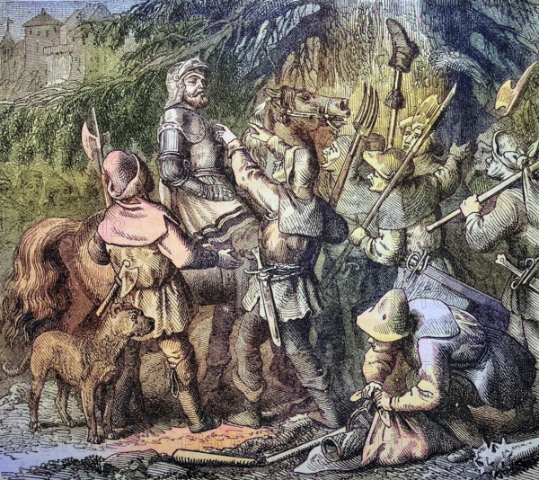 Götz von Berlichingen, 1480 - July 23, 1562, is elected field captain by the rebellious Frankish farmers / Götz von Berlichingen, 1480 - 23. Juli 1562, wird von den aufständigen fränkischen Bauern zum Feldhauptmann gewählt, Historisch, historical, digital improved reproduction of an original from the 19th century / digital reproduction of an original from the 19th century