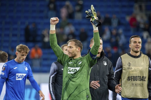 Football UEFA Europa League, 2024/25 season, matchday 2: TSG Hoffenheim v Dynamo Kiev. Great joy for Oliver Baumann (1, Hoffenheim) after his team's 2:0 victory