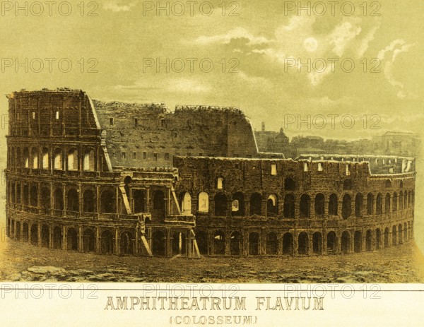 Amphiteatrum Flavium, Colosseum, amphitheatre, built 72-80 AD, entertainment, fun, cruelty, Ancient Rome, title, Italy, coloured historical illustration from 1882, Europe