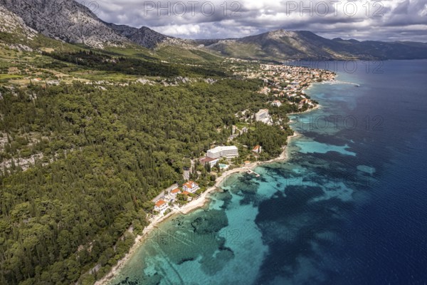 The coast and hotels near Orebic seen from the air, Peljesac peninsula, Croatia, Europe