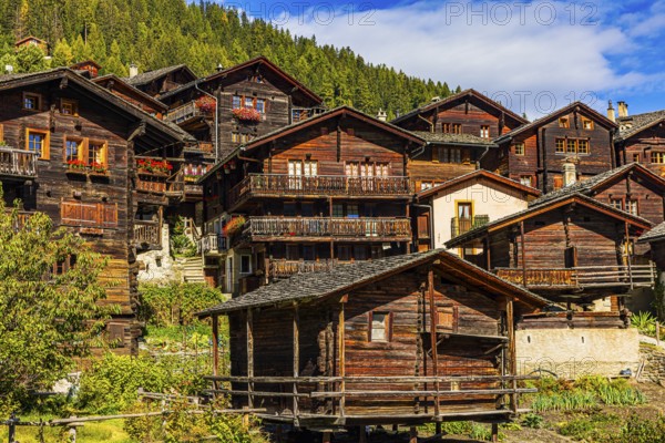 Old wooden houses in the historic village centre, Grimentz, Val d'Anniviers, Valais Alps, Canton Valais, Switzerland, Europe