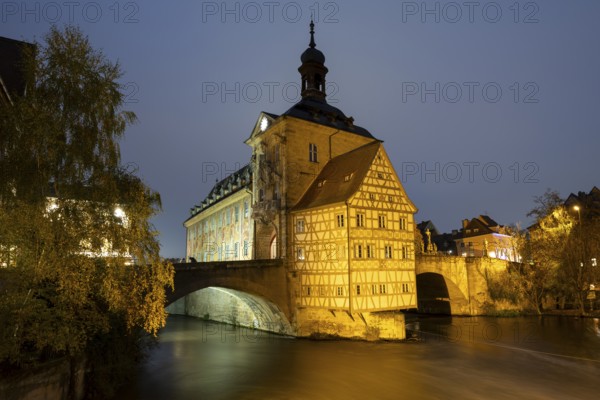 The old town hall on the river Regnitz, Blue Hour, Bamberg, Upper Franconia, Bavaria, Germany, Europe