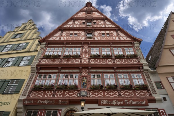 Historic half-timbered house, German house, built 15th century, façade late Renaissance 1593 and 1594, Weinmarkt 3, Dinklesbühl, Bavaria, Germany, Europe