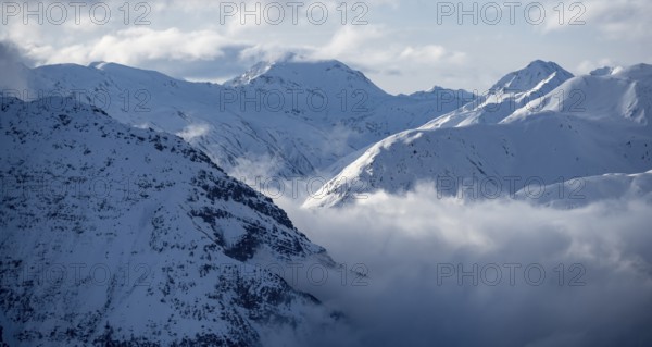 Snow-covered Alps, winter landscape in the mountains, Albula Alps, Grisons, Switzerland, Europe