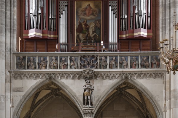 Sculptures of the twelve apostles on the organ loft of the late Gothic church of St George, Dinkelsbühl, Bavaria, Germany, Europe