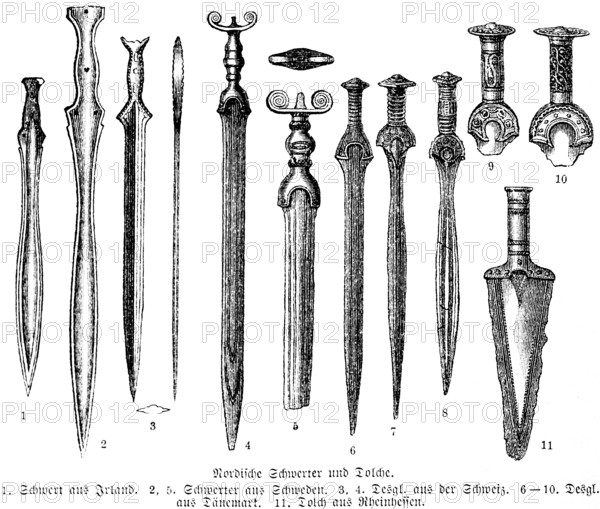 Decorated Nordic swords from Ireland, Sweden, Denmark and Switzerland and dagger from Rhine-Hesse region, Germany, history of mankind, historical illustration 1880, Europe