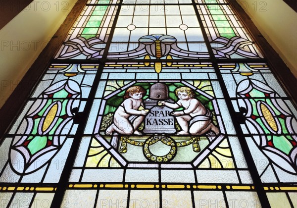 Stained glass window with savings bank motif, Art Nouveau, Quedlinburg, Saxony-Anhalt, Germany, Europe