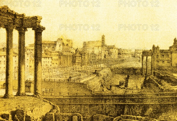 View of ancient Rome from the Roman Forum, ruins, cityscape, columns, houses on the hillside, Italy, coloured historical illustration from 1882, Europe