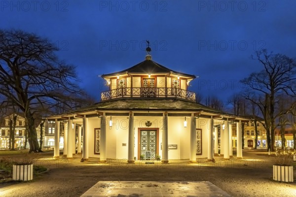 White pavilion with restaurant in Bad Doberan at dusk, Mecklenburg-Vorpommern, Germany, Europe