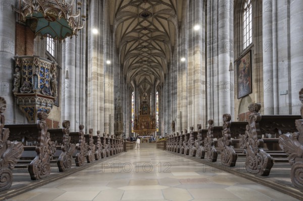 Interior with net vault and high altar in the late Gothic hall church of St George, Dinkelsbühl, Bavaria, Germany, Europe