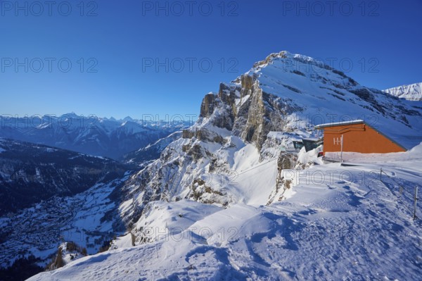 Snow-covered mountain landscape under a clear blue sky, mountain station, Gemmi cable car, Gemmi Pass, Daubenhorn, Leukerbad, Leuk, Valais, Switzerland, Europe