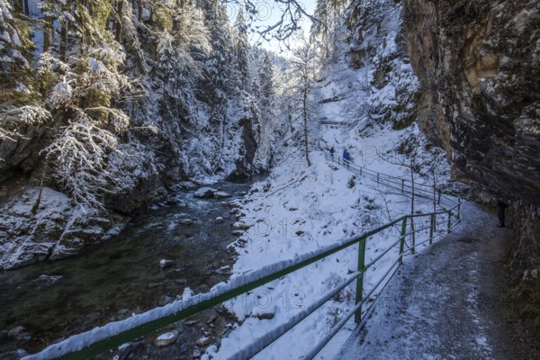 Winter, snowy landscape, river Breitach and hiking trail through the Breitachklamm gorge near Oberstdorf, Oberallgäu, Allgäu, Bavaria, Germany, Europe