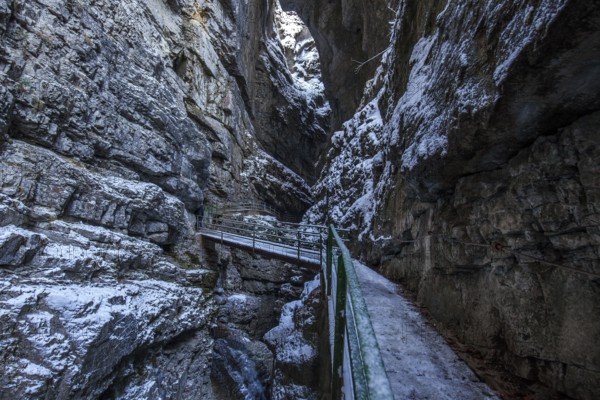 Winter, snowy landscape, hiking trail through the Breitachklamm gorge near Oberstdorf, Oberallgäu, Allgäu, Bavaria, Germany, Europe