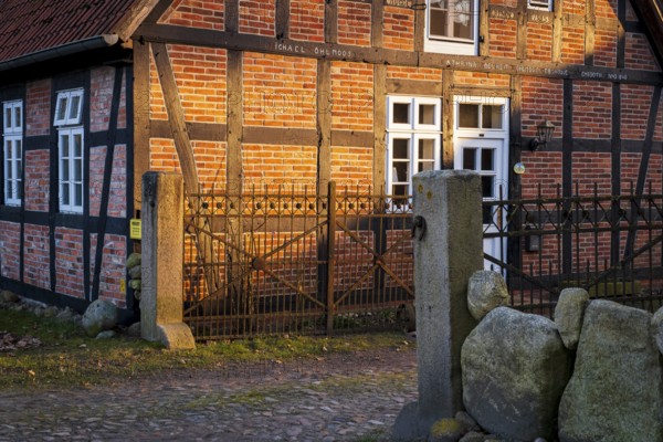 Evening light shines on a driveway and the façade of a half-timbered house, Otersen, Kirchlinteln, Verden, Aller Leine Valley, Lower Saxony, Germany, Europe