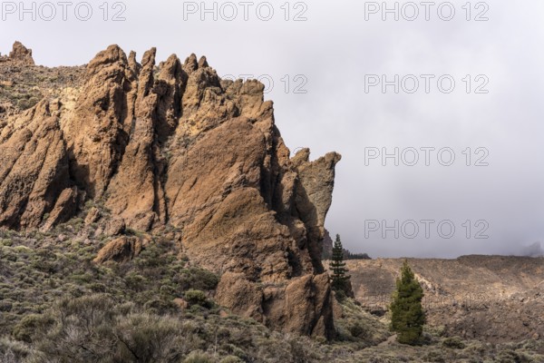Rock formations at the Mirador de Juan Evora. Sun and clouds. El Teide National Park, Tenerife, Canary Islands, Spain, Europe