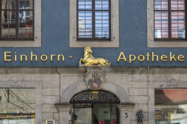 Coat of arms and unicorn figure from the entrance portal of the unicorn pharmacy, 17th century, Rosenstraße 3, Middle Franconia, Bavaria, Germany, Europe