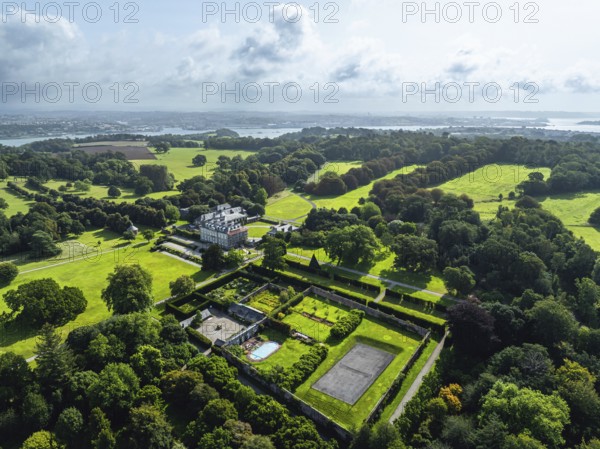 Antony House from a drone, Woodland Garden and Woodland Walk, Torpoint, Cornwall, England, United Kingdom, Europe